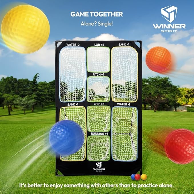 WINNER SPIRIT Play 707 Golf Chipping Game Net with Rough Mat, 16 Foam Golf Balls, Scorecard, Carry Bag | Golf Chipping Trainer Training Indoor Outdoor Outside Park Beach Backyard (Clubs not Included)
