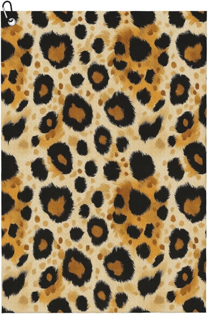 Classic Leopard Print Golf Towel Waffle Microfiber with Hook Detachable Clip 24x16in