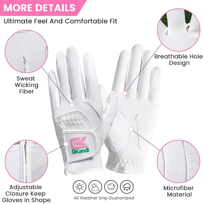 Golf Gloves Women Left Right Handed Golfer Rain Grip Hot Wet All Weather 2 Pack or 1 Pair, Womens Golf Glove Breathable Flexible Mesh for Ladies in Pink White