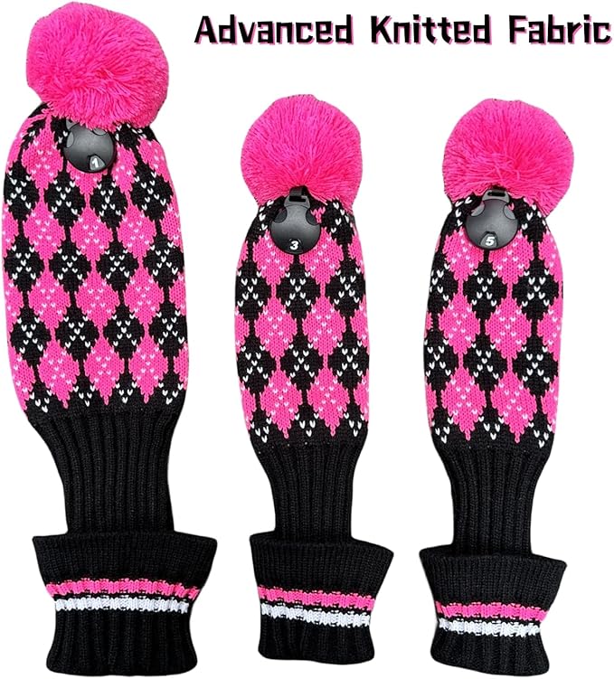 3pcs Knit Pink Golf Club Head Covers, Golf Driver 3 5 Fairway Woods Covers, Pom Pom Golf Wood Headcovers Covers for Driver, 3 5 Woods Women