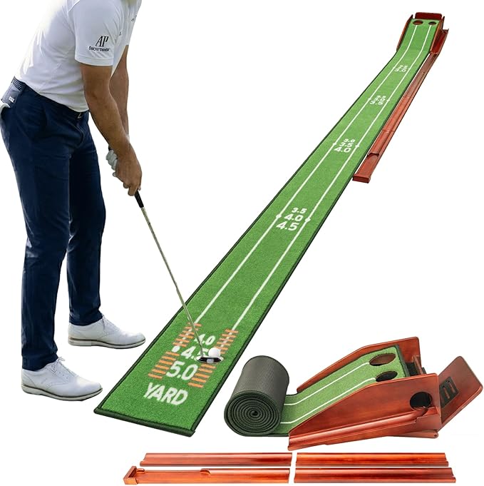 Putting Green Indoor with Three-Level Adjustable Incline, Auto Ball Return - Easy to Fold Solid Wood Base, Golf Training Aid for Home, Office, Backyard - Golf Putting Mat for Men