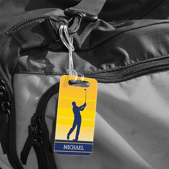 ChalkTalkSPORTS Golf Luggage & Bag Tag | Personalized Male Golfer | Standard Lines on Back | Small | Yellow