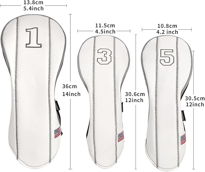 Golf Club Head Covers - Driver, Fairway #3#5, Hybrid Headgear - USA Flag Design - PU Leather - 3 Piece Set for Men and Women