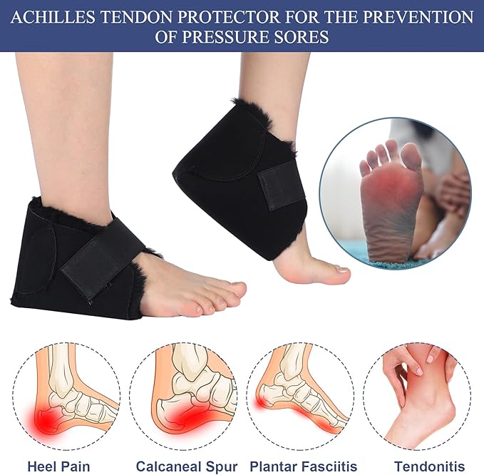 2 Pairs Heel Protector Boot Sheepskin Heel Protectors Soft Foot Cushions Pads with Securing Strap for Protect Feet Ankle Pressure Bed Sores(Black, Blue)