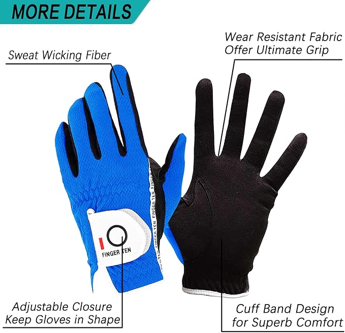 FINGER TEN Men's Golf Gloves for Right Left Handed Golfer Rain Grip Value 2 Pack, Golf Glove for Left or Right Hand Hot Wet Weather No Sweat Black Gray White Blue