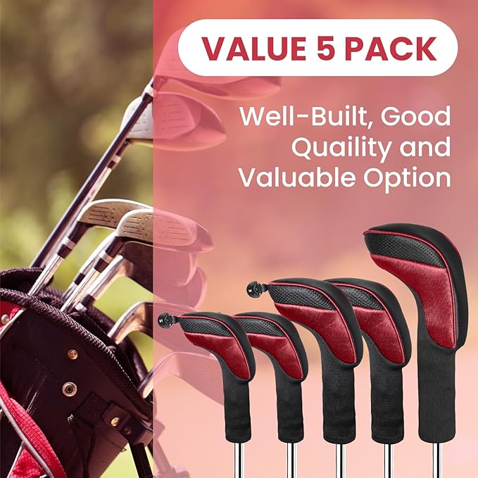 FINGER TEN Golf Club Head Covers for Woods Driver Fairway Hybrid Value 3/5 Pack, Long Headcover Interchangeable Accessories for Ultimate Club Protection