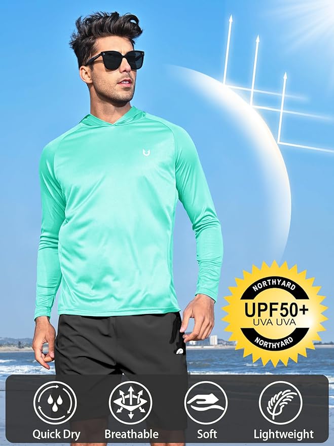 NORTHYARD Men's UPF 50+ Hoodie Shirts Long Sleeve Sun Protection Fishing Swim Beach UV SPF Rash Guard Quick Dry Lightweight