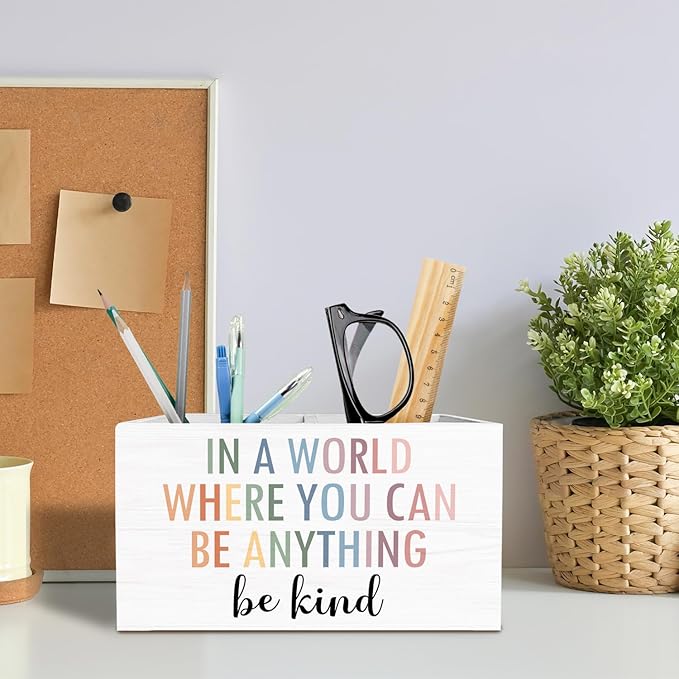 Boho Motivational Pen Pencil Holder for Desk, Boho Classroom Decor, In a World Where You Can Be Anything Be Kind Wooden Box Sign Desk Decor for Classroom Kids Room Decoration