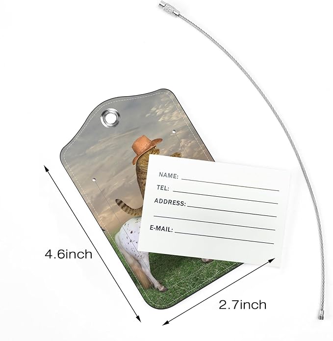 2 Pack Luggage Tags for Suitcase,Cat Cowboy PU Leather Luggage Tags with Privacy Cover Name Address Labels and Steel Ring,Creative Travel Accessories for Men and Women