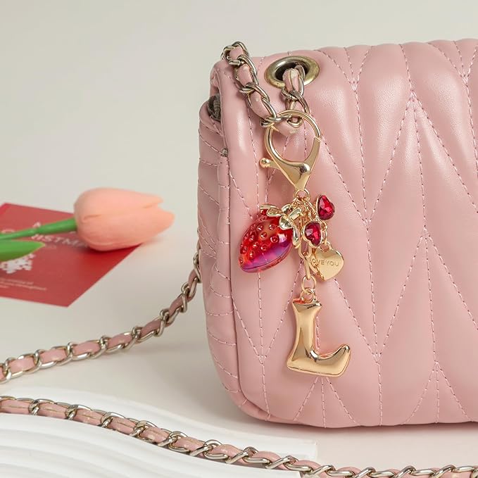 Snycler Bubble Initial Keychain with Strawberry & Bow- Gold Letter Bag Charms for Women, Cute Purse Handbag Accessories