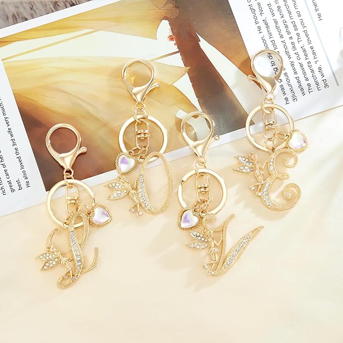 Gold Plated Alphabet Initial Letter Keyring Keychain for Women Girls Crystal Key Chains for Wallet Backpack Bag Charm