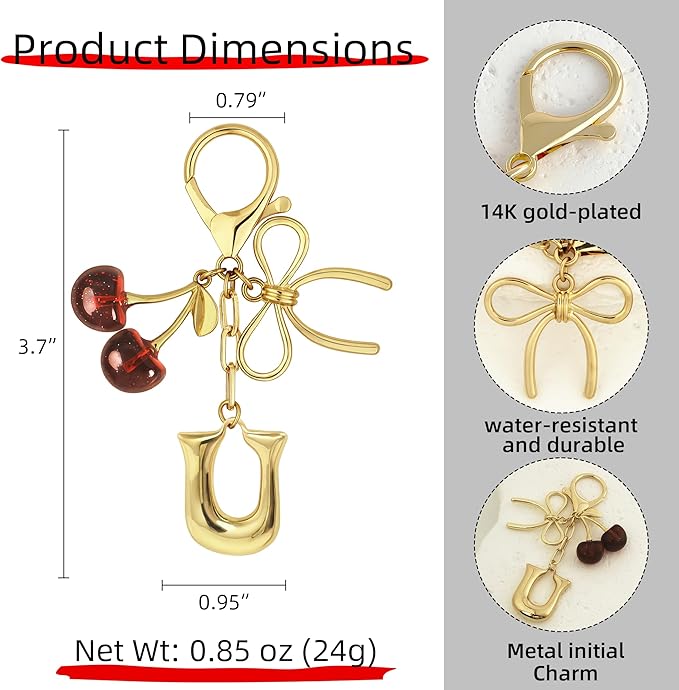 Gold Bubble Heart, Cherry, Bow & More Designs Letter Initial Keychain Bag Charms – Cute Purse Charms for Handbags