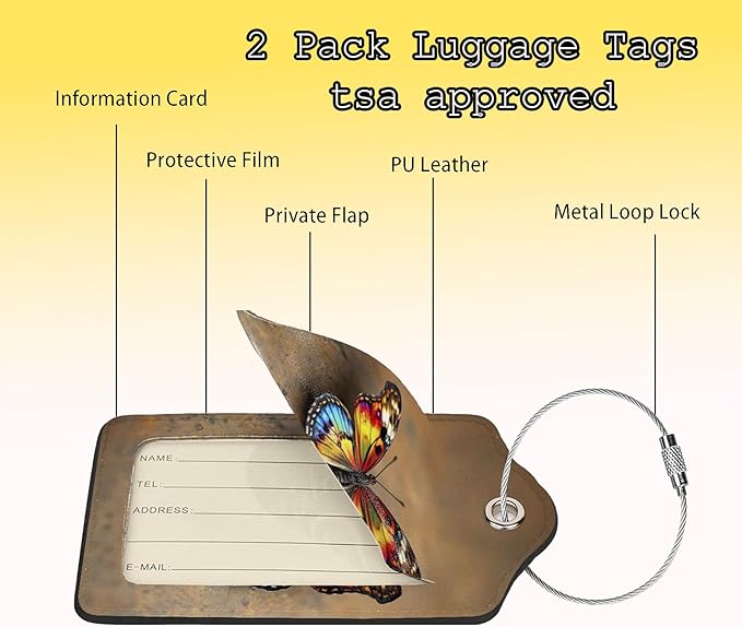 TSA Approved Luggage Tags for Suitcases Colorful Butterfly 2 Pack Funny Leather Carnival Cruise Airport Cute Travel Name Tags Golf Bag tag Ships Essentials Privacy Cover ID Label for Women Men