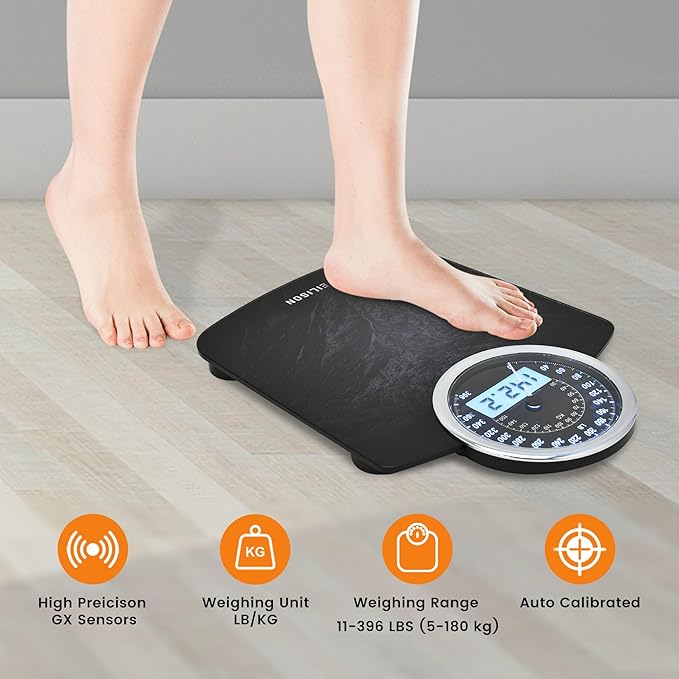 EILISON Highly Advance 2-in-1 Digital & Analog Weighing Scale for Body Weight-400lbs, 4 High Precison GX Sensor Accurate, Thick Tempered Glass, Extra Large Display (red) (New Black)