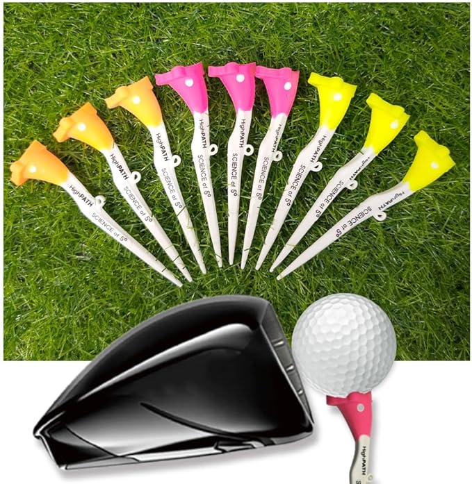 Premium High Path Golf Tee Set - 5° Launch Angle, 9 Pack, Adjustable Height Markers, Reduces Hooks and Slices, High Visibility, Stable 20mm Head