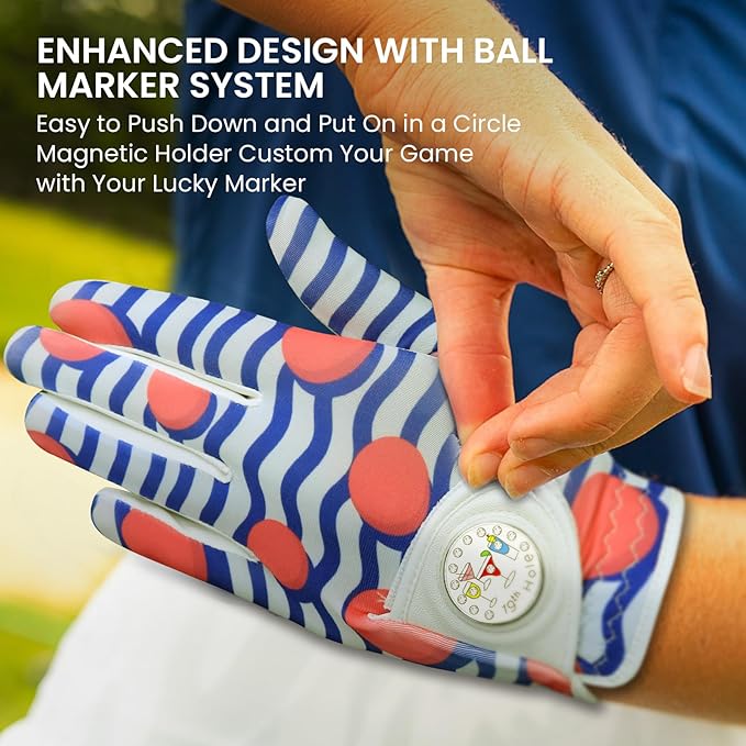 FINGER TEN Stylish Golf Gloves Women with Ball Marker 1 Pack for Left or Right Hand, Breathable Glove with Fashion Patterns for Ladies Right Left Handed Golfer