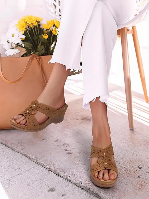 TEMOFON Womens Wedge Sandals Leather: Dressy Sandal, Rubber Sole, Comfortable Walking, Casual Slip on Summer Shoes, Size 5-11