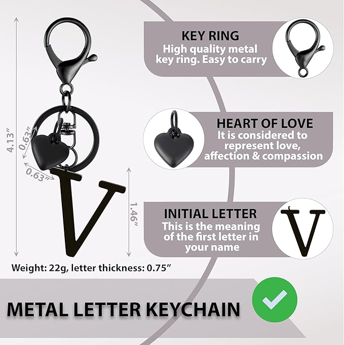 Metal Heart Alphabet Keychain for Women, Girls - Cute Initial Letter Accessories for Purse, Bag Charms and Backpack