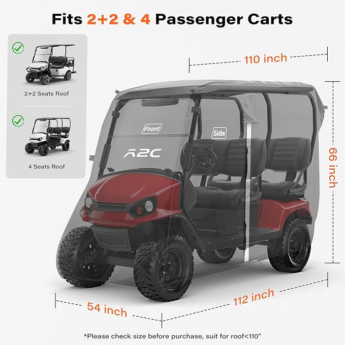 A2C Golf Cart Cover, 600D Heavy Duty Waterproof 4 Passenger Cart Cover,UV Resistant & Windproof Covers, Compatible with EZGO, Club Car, Yamaha