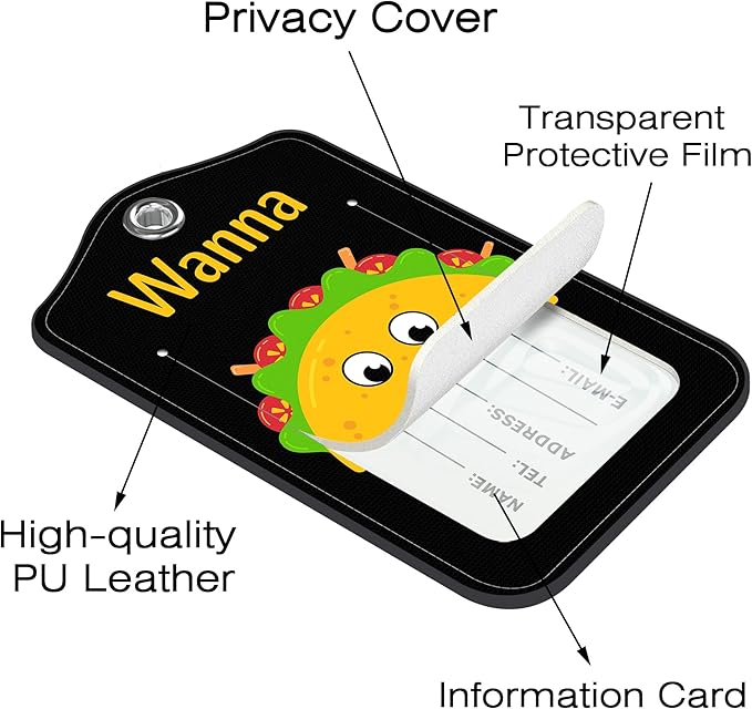 2 Pack Luggage Tags for Suitcase,Mexican Taco PU Leather Luggage Tags with Privacy Cover Name Address Labels and Steel Ring,Creative Travel Accessories for Men and Women