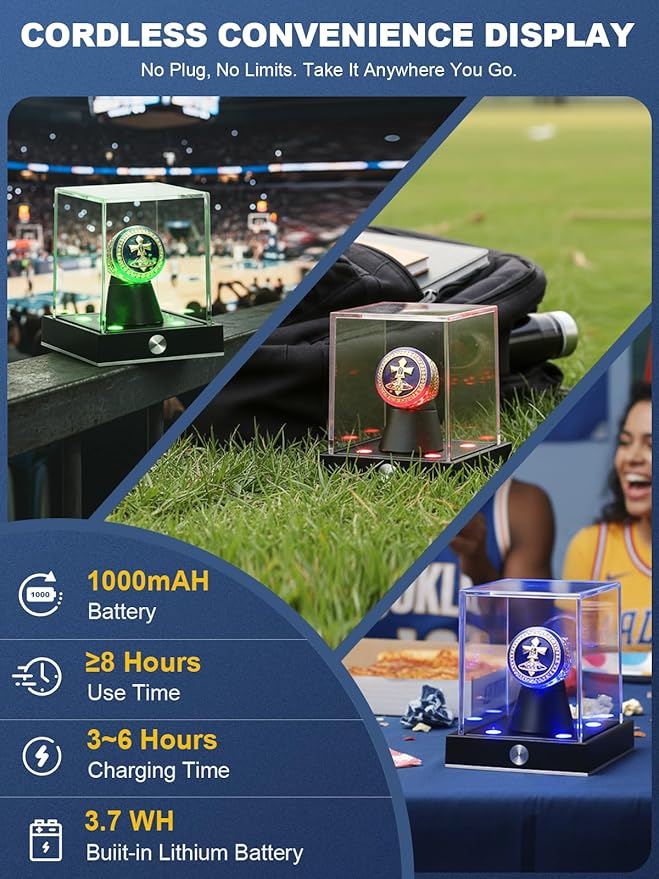 JupDec Cordless LED Championship Ring Display Case, Clear Acrylic Single Ring Holder with 10 Color Light up, Autograph Ring Showcase with Memory Function, Ideal Gift for Sports Fans