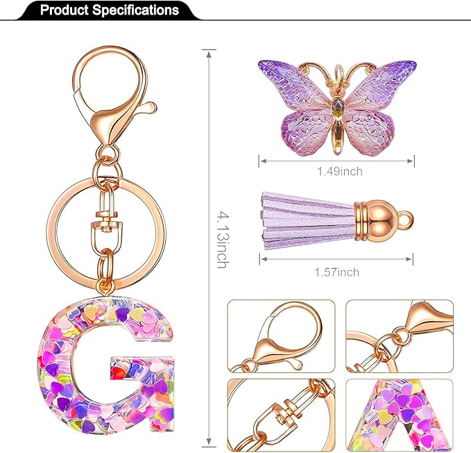 JINGUAZI Initial letter Keychains for Women Tassel Butterfly Pink Purple Cute Car Keychain for Wallet Backpack bag charm