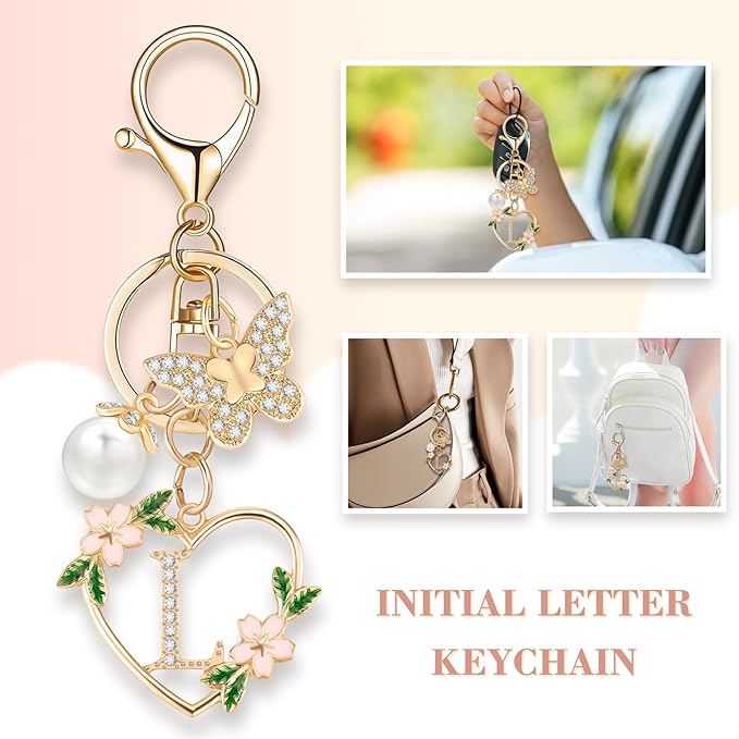 Gold Heart Initial Letter Keychain for Women Key chain Keyring for Purse Handbags Backpack Charm