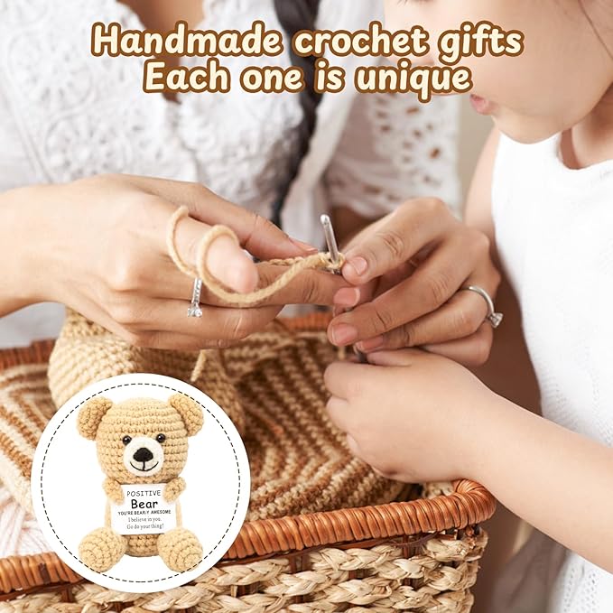 Mini Positive Crochet Bear,Cute Animals with Positive Messages Emotional Support Animals Funny Emotional Support Crochet Stuffed Gifts Handmade Bear Inspirational Gift