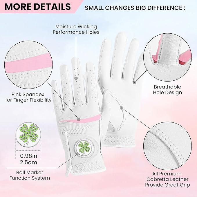 Womens Golf Glove with Clover Ball Marker 1 Pack, All Weather Grip Microfiber & Leather Gloves for Ladies, Comfortable Breathable Fit for Left Hand or Right Hand in White Pink