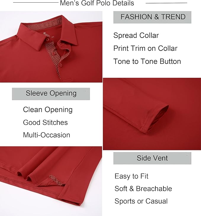 Alex Vando Mens Golf Shirt Moisture Wicking Quick-Dry Solid Long Sleeve Polo Shirts for Men