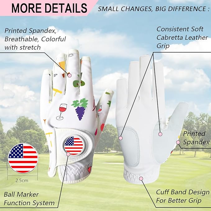 Golf Gloves Women with Ball Marker 2 Pack, Right Handed Golfer Left Hand, Ladies Breathable Soft All Weather Grip Glove Fit Size Small Medium Large XL