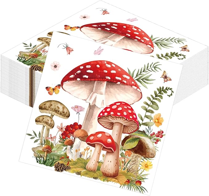 Mushroom Party Napkins Decorations, 50PCS Forest Mushroom Theme Decor, Fairy Tale Party Disposable Paper Napkins Set Supplies Size 6.5 Inch