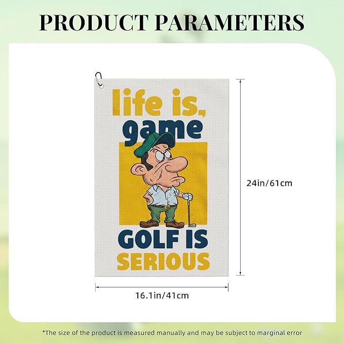 Funny Golf Towel with Carabiner Clip 24"x16" Life Is Game Golf Is Serious Printed Cute Fun Golf Towels for Golf Bags Microfiber Waffle Golfs Rag for Disc Balls Clubs Accessories for Men Women Dad