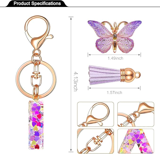 JINGUAZI Initial letter Keychains for Women Tassel Butterfly Pink Purple Cute Car Keychain for Wallet Backpack bag charm