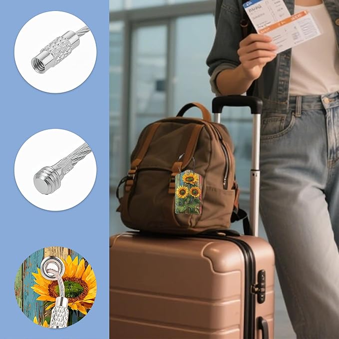 Set of 3 Luggage Tags, Sunflowers Leather Suitcases Tag Identifiers with Privacy Name Address Labels & Durable Steel Loop for Women Men Travel