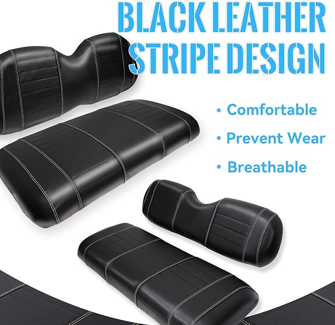 Golf Cart Seat Covers fits Club Car Precedent/DS/EZGO RXV/TXT/Yamaha Front Rear Seat Cushion，Black Leather Custom Stripe Soft Comfortable/Anti-Scratch/Easy to Clean