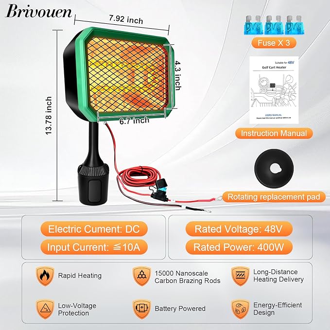 Golf Cart Heater Electric, 400W Safe & Fast Silent Carbon Fiber Heating, Electric Battery Operated Heater with 360° Rotatable Head, Compatible with Yamaha/Club Car/EZGO, Golf Gifts Cart Accessories
