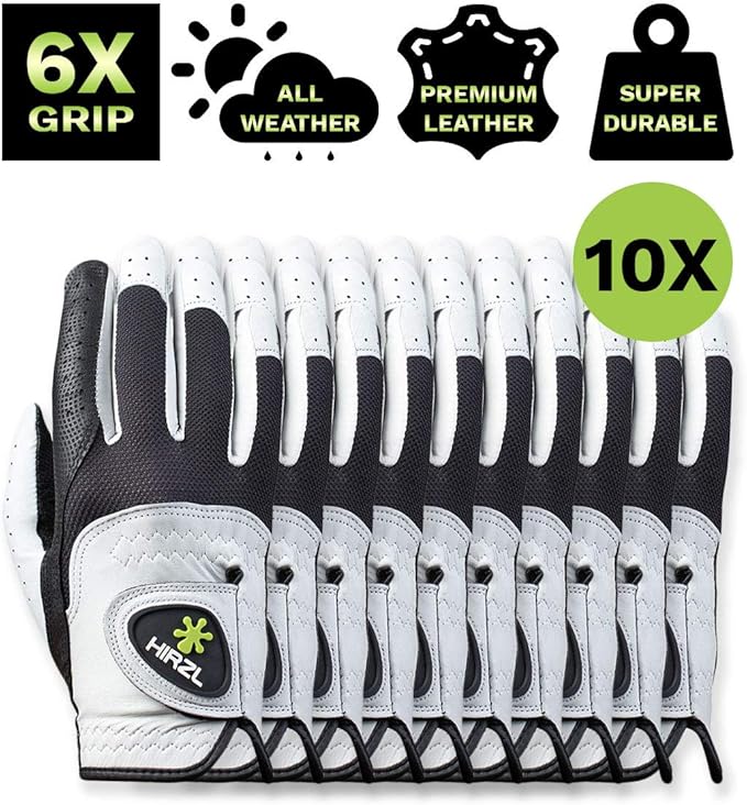 HIRZL Trust Control 2.0 Golf Gloves, All Weather Mens Golf Glove, White/Black, Kangaroo Leather Palm, Cabretta Leather Backhand, Trusted by Pro’s, Sweat Free, Ultimate Grip