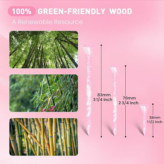 Golf Tees Styllish Bamboo Wooden Coloured Painted 50 Pack, 2 3/4 or 3 1/4 Inch Tee with 10 More Short 1 1/2 Inch Driving Range Tees, Enhanced Visibility Pink Green for Men Women