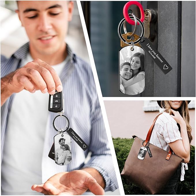 Personalized Custom Keychain with Picture - Double Sided Engraving Photo Text Customized Key Chains for Men Boyfriend