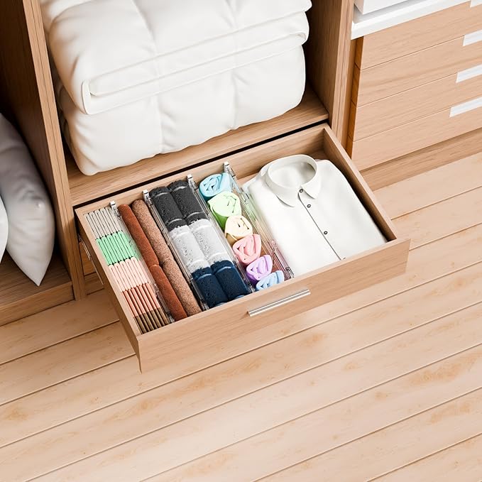 Yieach 12Pack 3.2 Inch Shallow Acrylic Drawer Dividers for Clothes -Expandable from 15-21''- Adjustable Drawer Dividers for Baby Clothing,Sock,Underwear,Clear in Drawer Separators for Dresser,Kitchen