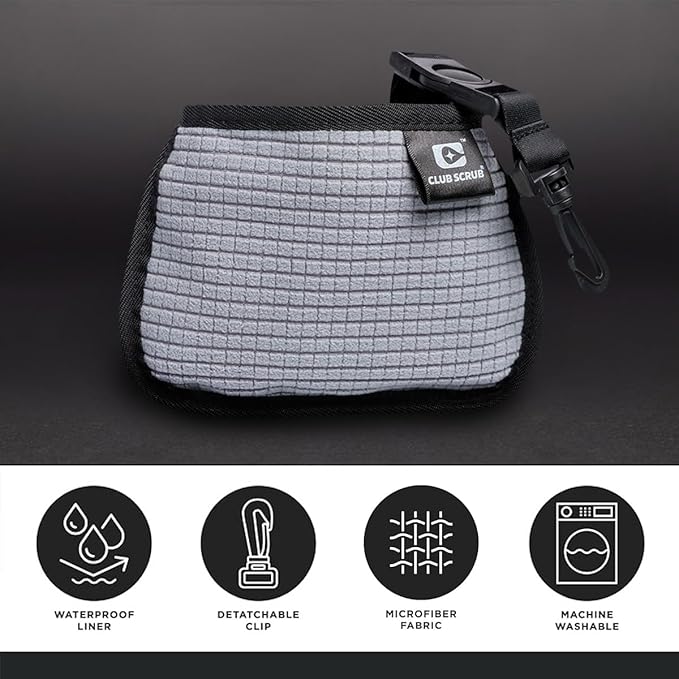 Club Scrub Mini, Golf Club and Golf Ball Cleaning Bag, Waterproof Clean Face Technology Liner, Detachable Clip, Machine Washable, Cleans Club Grooves, Dry Exterior (Gray)