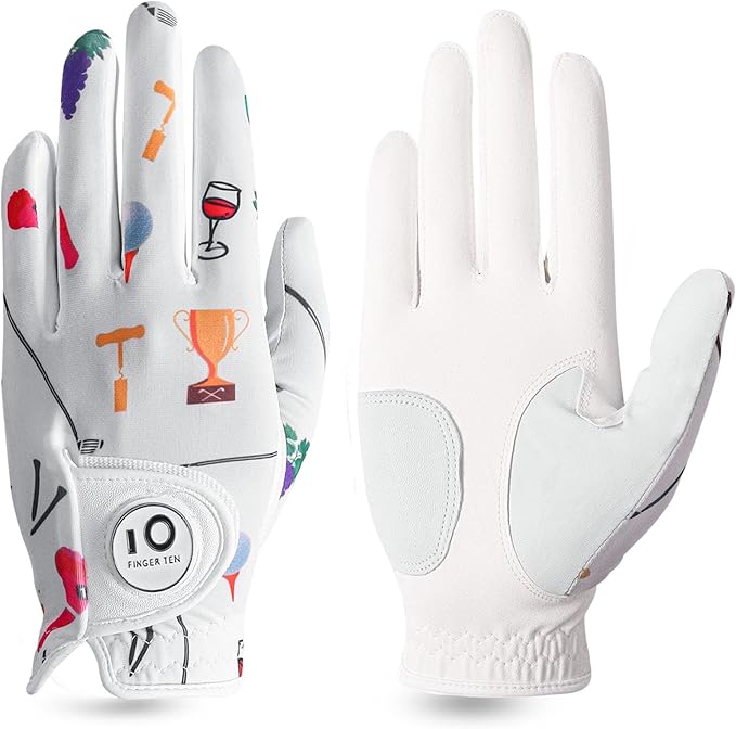 FINGER TEN Stylish Golf Gloves Women with Ball Marker 1 Pack for Left or Right Hand, Breathable Glove with Fashion Patterns for Ladies Right Left Handed Golfer