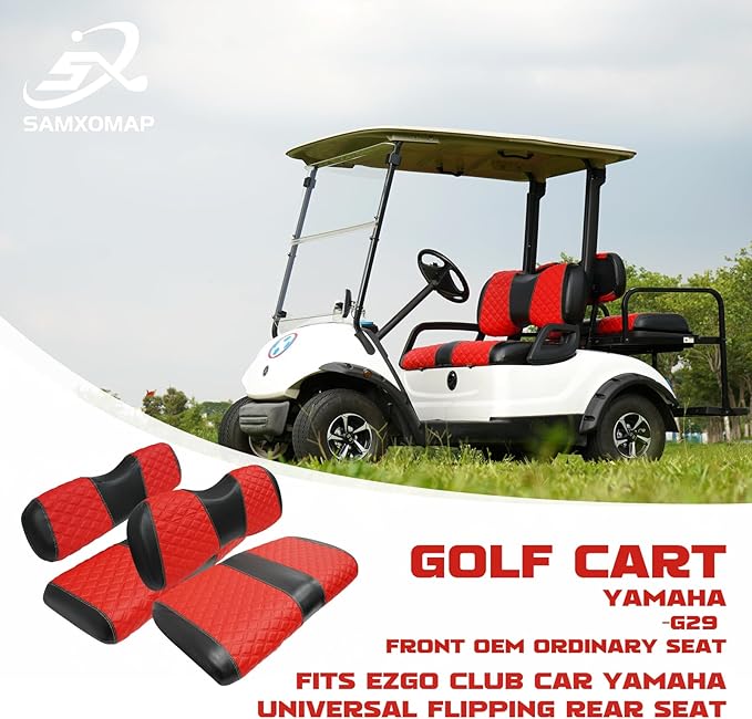 Golf Cart Front and Rear Seat Covers Waterproof and Sun Resistant Marine Grade Vinyl Leather Seat Cover Accessories for Yamaha Drive 2007-2016/Drive 2 2017+,Red(4PCS)