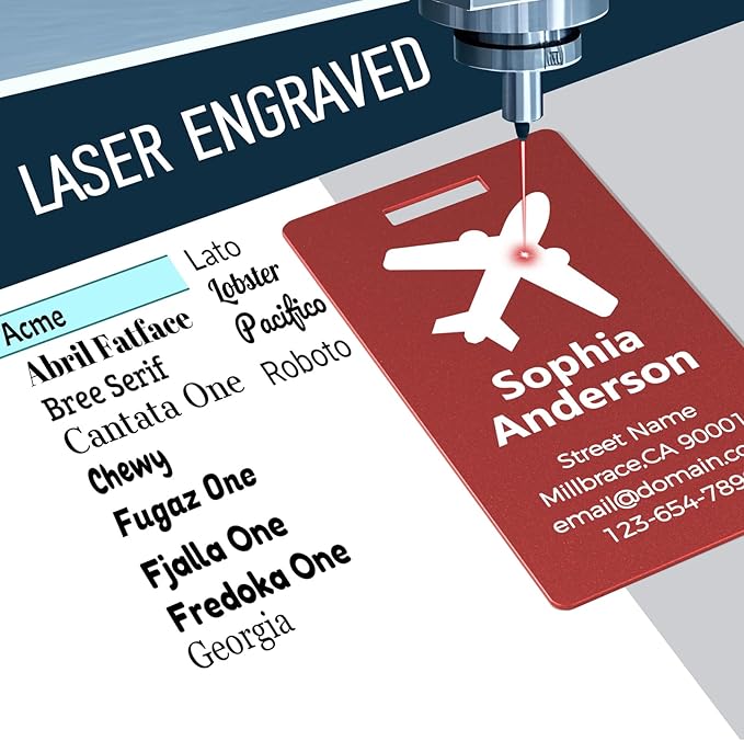 4 Personalized Metal Luggage Tags for Suitcase, Laser Engraved with Text and Logo, Custom Aluminum Name Tags with Stainless Steel Ring, for Travel, Golf Bag, and Baggage (Red)