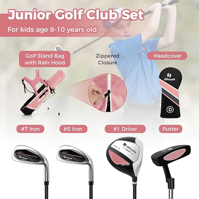 Goplus Junior Complete Golf Club Set for Kids, Right Hand Golf Clubs with Stand Bag, Rain Hood, Golf Practice Set for Ages 5-7,8-10,11-13 Boys Girls