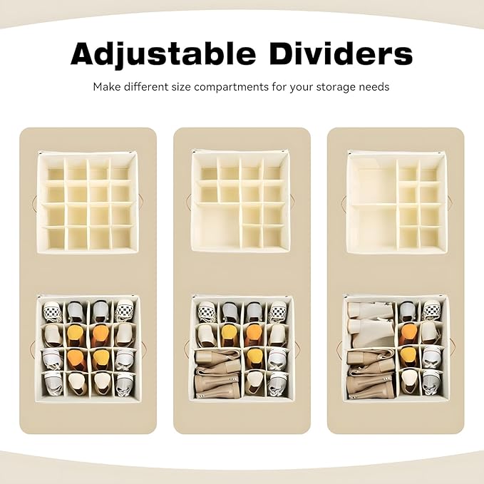 Atlodas Fabric Shoe Organizer Storage Box, 2 Pack Foldable Shoe Storage Organizer Box Bin with Adjustable Dividers and Clear Cover, Fits up to 8-16 Pairs (Gray, 2Pcs)