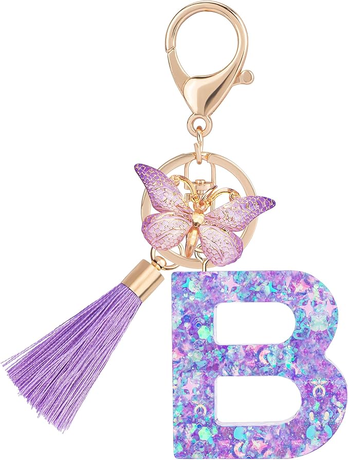 Suweibuke Colourful Cute Initial Letter Keychains for Women Girls with Tassel Butterfly, Charm for Purse Handbags Backpacks