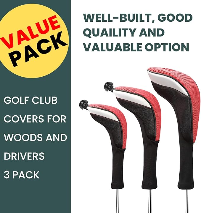 FINGER TEN Golf Club Head Covers Woods Driver Fairway Hybrid 3/4/5 Set, Headcovers Men 1 3 5 7 X Interchangeable Number Tag, Fit All Wood Clubs