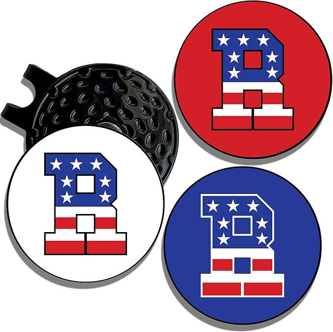 Wolf Golf Towels Golf Ball Marker Hat Clip | USA Monogram | 1 Magnetic Clip + 3 Ball Markers | Patriotic Golf Accessories for Men & Women